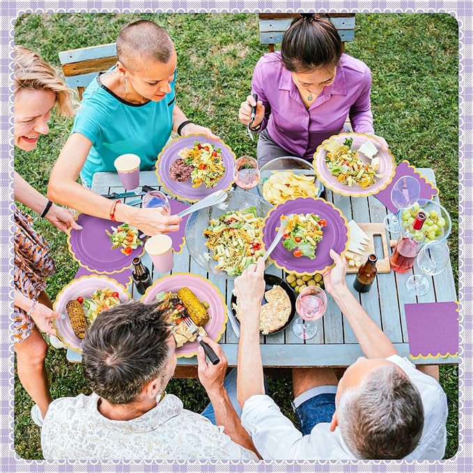 Mimorou 169 Pcs Purple Plates and Napkins Party Supplies for Guests Lavender Purple and Gold Tableware Include Scalloped Plates Paper Napkin Cup Spoon Fork Knife for Baby Shower, Wedding, Birthday