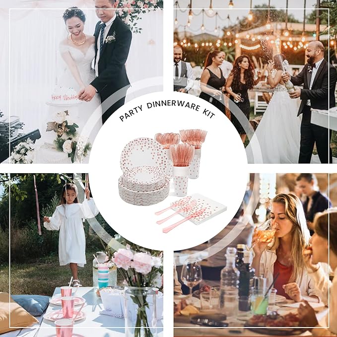 AIRE 350PCS White and Rose Gold Paper Plates Party Supplies for 50 Guests Party Decorations Dinnerware Rose Golden Dot Paper Plates Napkins Cups Gold Plastic Forks Knives Spoons for Wedding Birthday