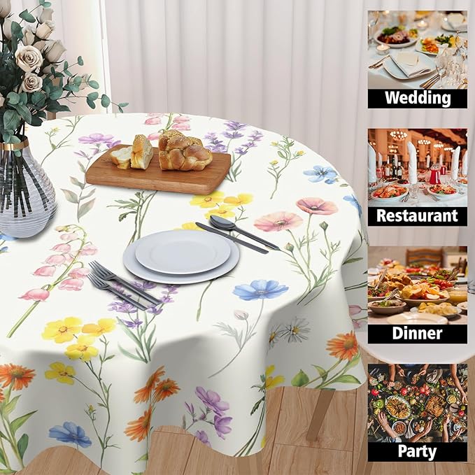 Spring Round Tablecloth Floral Circle Table Cloth 60 Inch Farmhouse Summer Wildflower Table Cover Washable Polyester for Home Kitchen Dinning Holiday Party Decor