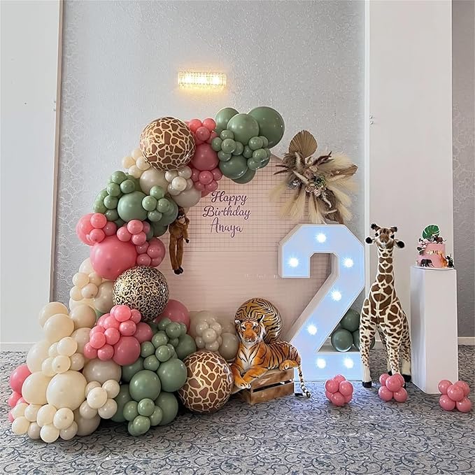 Pink Jungle Safari Balloons, 60PCS Sage Green Pastel Pink Gold Balloon, Light Pink Cream Beige Balloon with Animal Print for Girls Birthday Baby Shower Wild One Giraffe Party Decorations Supplies