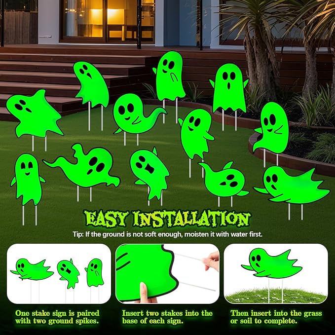Jetec 12 Pcs Halloween Outdoor Decorations Ghost Yard Signs with Stakes Glow in The Dark Horror Ghost Halloween Decorations Luminous Plastic Sign Scary Party Outside Decor for Lawn Patio Yard Garden
