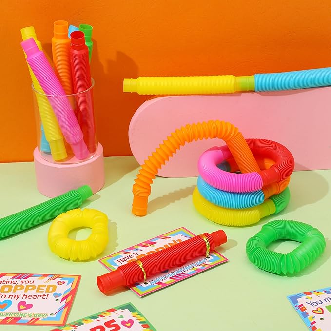 JOYIN 30 Packs Valentines Day Pop Tubes Fidget Toys for Kids, Stretchy Tube Stress Relief Fidget Toy for Kids Valentine's School Classroom Exchange Gift Rewards Party Favors Classroom Gifts