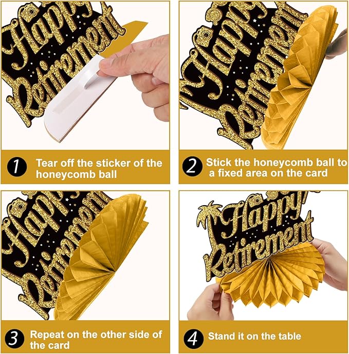 Happy Retirement Party Decorations Kit for Men Women, Black Gold Retirement Banner Honeycomb Centerpieces Swirls Retired Farewell Party Set Party Supplies for Indoor Outdoor