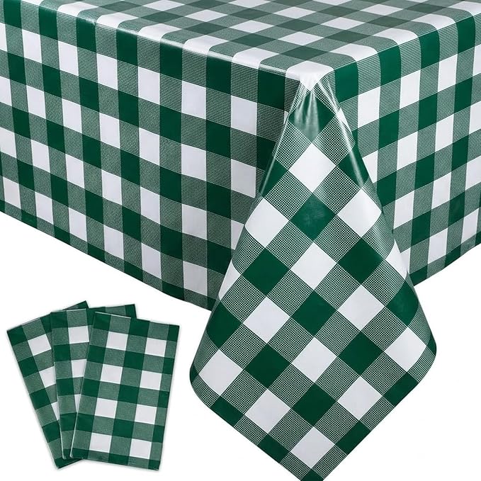 Oigco 3 Pack Green and White Checkered Tablecloth 54 x 108 Inches, Rectangle Disposable Plastic Green Gingham Tablecloth, Picnic Table Cover for Outdoor, Christmas, Golf Birthday Decorations