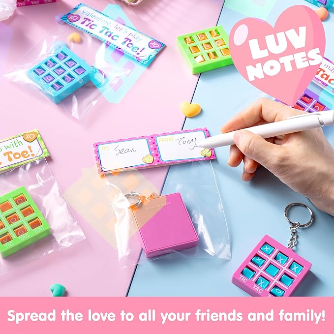 JOYIN 28 Pcs Valentine's Day Tic-tac-Toe Keychains with Bags & Tags, Plastic Tic Tac Toe Game Favors with 4 Colors, Valentines Day Gifts Card for Kids Boys Girls Classroom Prize Goodie Bag Stuffers