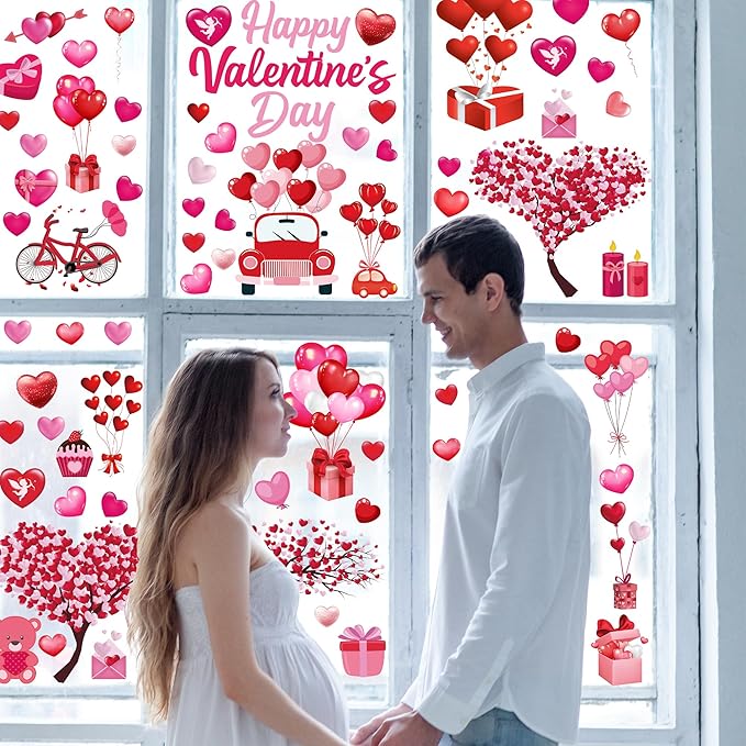 152PCS Valentine Window Clings, 11.8 × 7.8 Inches Heart-Shaped Window Decals, 9 SheetsRomantic Valentines Decorations, Double-Sided Heart Window Stickers for Anniversary, Party Holiday Decor