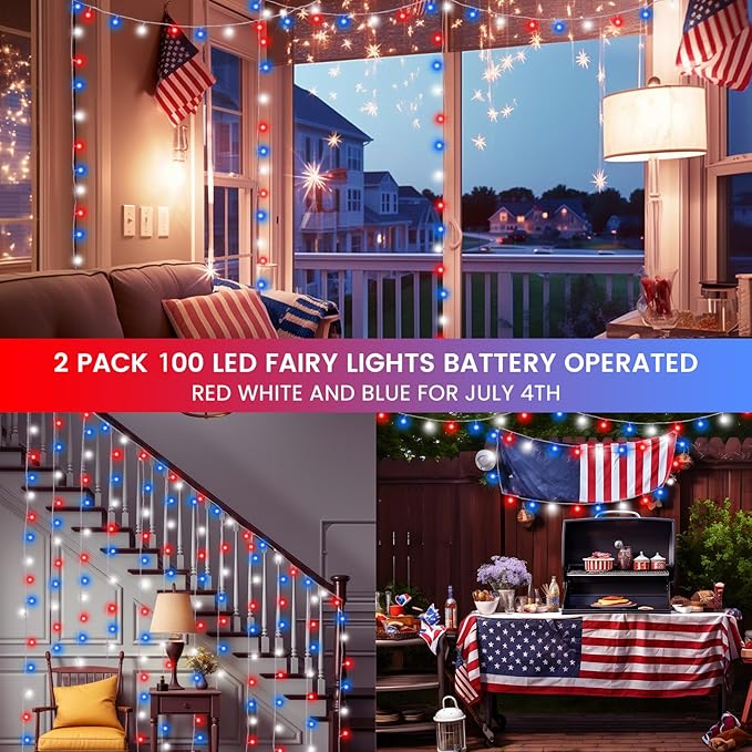 2 Pack Red White and Blue Battery Operated Fairy Lights, 33FT 100LED 4th of July String Lights with Timer, 8 Modes Waterproof Patriotic Twinkle Light Indoor Outdoor for Independence Day Memorial Day