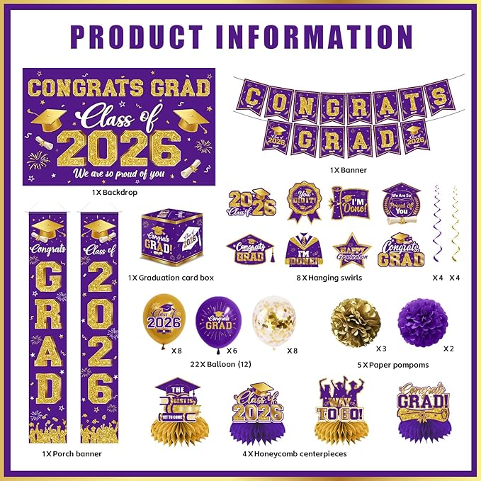 2026 Graduation Decorations - Purple Congrats Grad Party Supplies include Card Box, Backdrop, Banner and Balloons for Class of 2026 Decorations Set