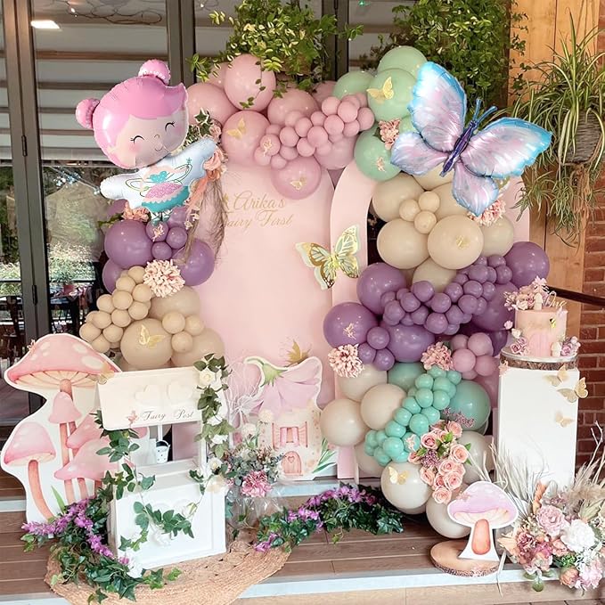 Fairy Wonderland Birthday Party Decorations,138Pcs Fairy Butterfly Mushroom Balloon Arch Garland Kit Dusty Pink Purple Blue Green Balloons for Girls Fairytale Spring Garden Tea Party Bride Baby Shower