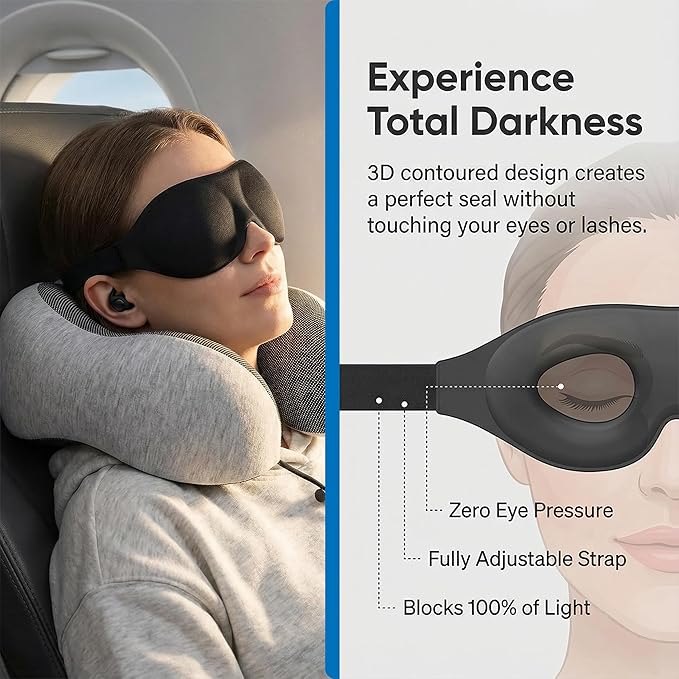 Must-Have Travel Kit Memory Foam Neck Pillow with Adjustable Fit & Removable Cover, 100% Light-Blocking Eye Mask, Reusable Noise-Reducing Earplugs, & Storage Bag Perfect Travel Essentials Set