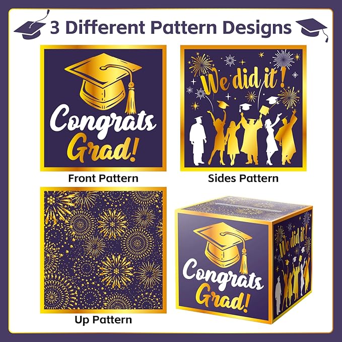 JWSCYSY Graduation Card Box Holder, Congrats Grad Foldable Cardboard Decorations Box for Graduation Party Favors Decor Party Supplies (Purple Gold)