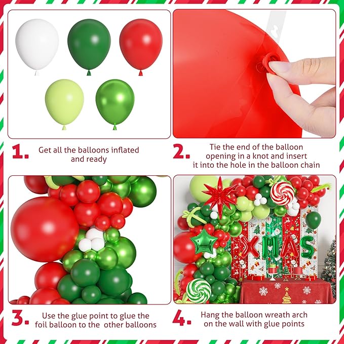 Ouddy Life 170Pcs Merry Christmas Party Decorations Set, Christmas Balloon Garland Arch Kit, Xmas Foil Fringe Curtains Faux Pampas Red Green Candy Cane Star Foil Balloons for Friends Birthday Supplies