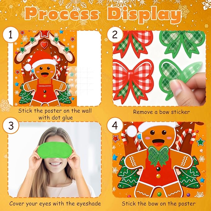 AUGSUN Christmas Party Games Pin The Bow Tie on The Gingerbread Man Activities Xmas Gingerbread Poster with Blindfold and Stickers for Christmas Activity Birthday Party Favor Supplies Family Gathering
