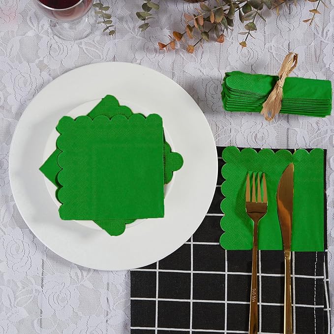 100 Pack Cocktail Napkin 2-Ply Scalloped Edged Dessert Napkins Folded 5 x 5 Inches Disposable Napkins for Dinner Wedding Birthday Party Bridal Anniversary Reception Event (Green-2)