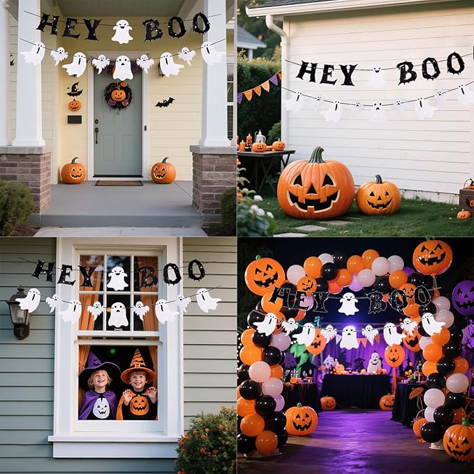 Ghost Banner Hey Boo Halloween Decorations, Pre-Strung Glitter Halloween Banner Indoor, Happy Ghost Boo Decorations for Mantle Wall Mantel Fireplace Office Home Props Supplies