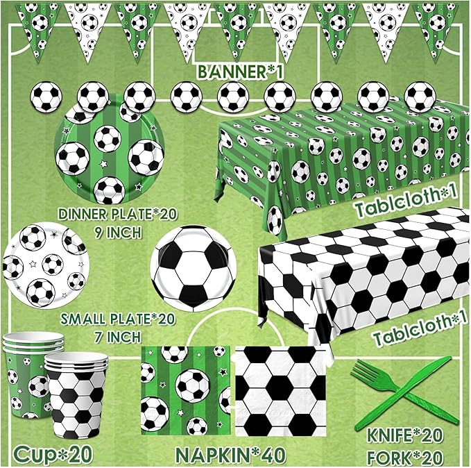 Soccer Party Tableware Set,142pcs Soccer Plates and Napkins Party Supplies Includes Banner, Plates, Cups, Napkins, Tablecloth for Boys Sports Theme Birthday Decorations,Serves 20