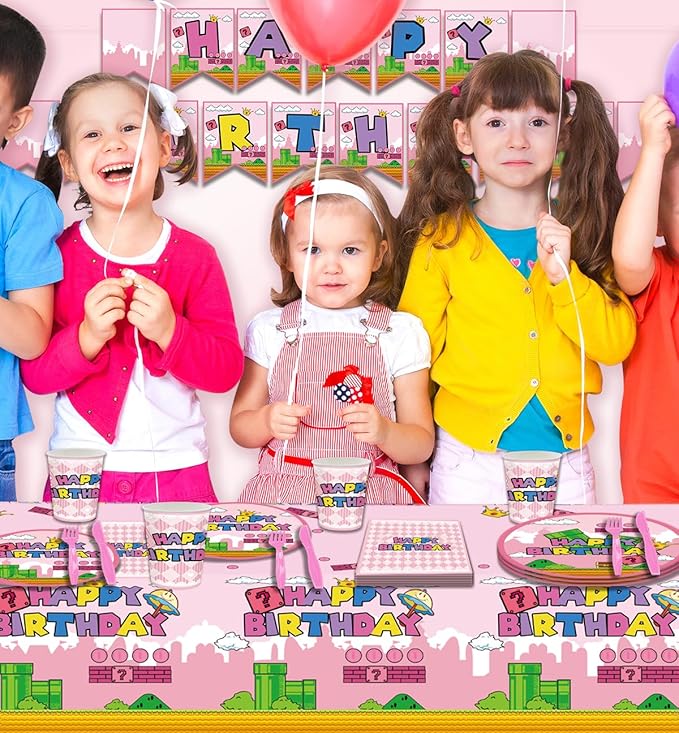 122Pcs Super Bros Peach Party Disposable Tableware Supplies Girls Princess Birthday Table Decoration Kit for 20-Guests Includes Banner, Tableloth, Plates, Cups, Napkins, Forks and Knives