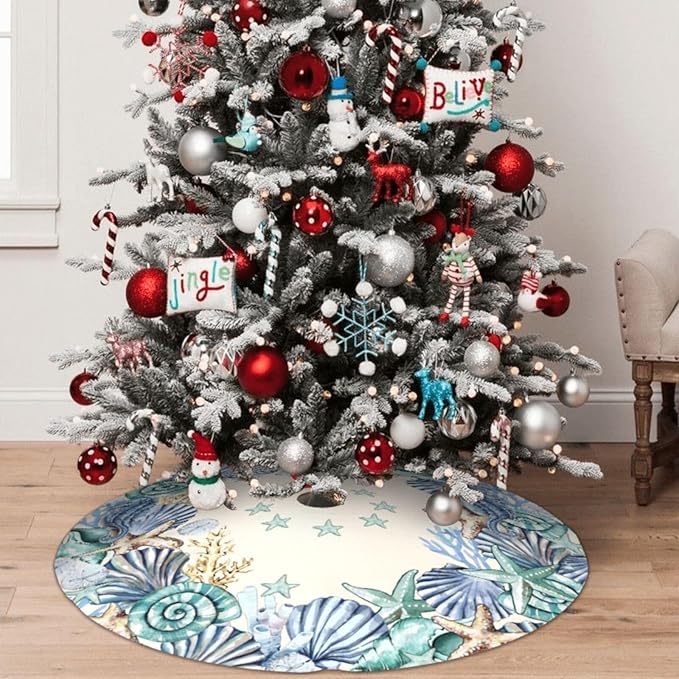 Shell Coastal Wreath Beach Starfish Theme Seahorse Christmas Tree Skirt Xmas Tree Mat Halloween Christmas Tree Ornaments Decorations Holiday Party Indoor Outdoor 36"