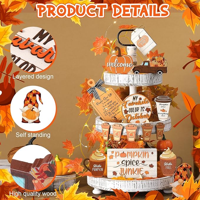 15 Pcs Thanksgiving Tiered Tray Decor Set Fall Thanksgiving Pumpkin Table Decor Drinking Coffee Rustic Farmhouse Pumpkin Truck Spice Blocks Autumn Wooden Sign Home Decorations