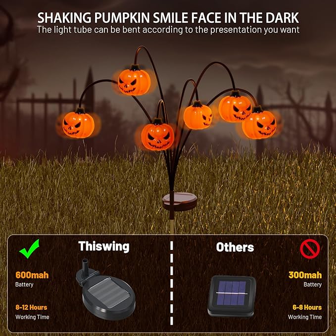 Solar Halloween Lights Outdoor Waterproof, 2 Pack Pumpkin Solar Lights for Outside Thankgiving Decor,12LED Orange Pumpkin Swaying Lamps for Garden Decor, Yard, Lawn, Party Decorations