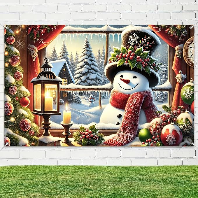 Christmas Snowman Banner Backdrop Poster Winter Scene with Snowman Holiday Photo Booth Wall Hanging Decoration 71×43 Inch