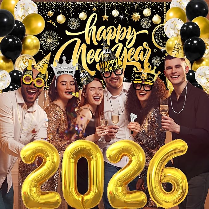 147 Pcs New Year Eve Party Supplies 2026 Black Gold Happy New Year Backdrop Party Decoration Serve 24 Guests Cone Hats Glasses Balloons Number 2026 Headband Tiaras Squawkers Necklace Party Favor