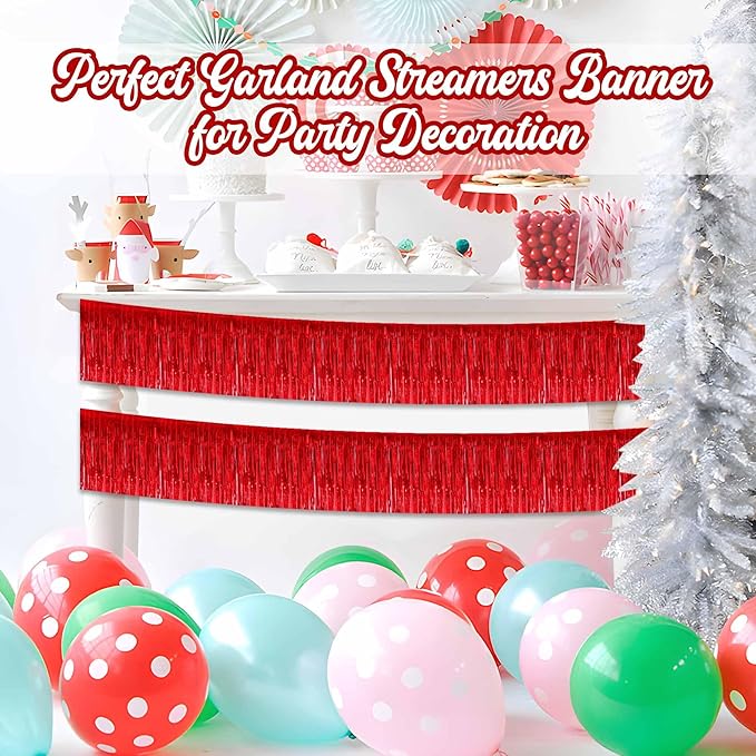 3 Pack 10 Ft Red Foil Fringe Garland Metallic Streamers Tinsel Banner Wall Hanging Garland Backdrop for Parade Floats, Halloween, Christmas, Thanksgiving, New Year Party Decorations