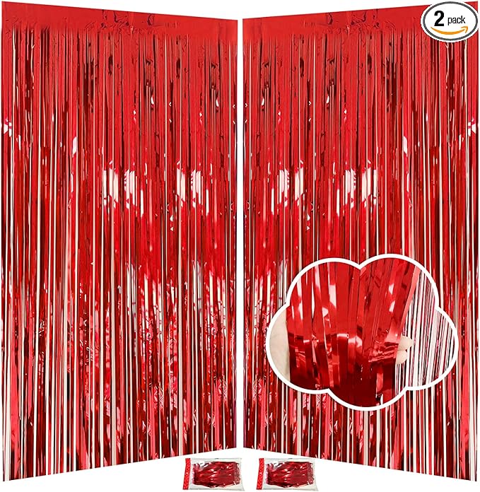 Valentines Day Decorations - Red Tinsel Backdrop Galentines Day Decorations 3.3x8.2ft, 2 Pack Foil Fringe Curtains Photo Booth Props for Birthday Party, Red Streamer Backdrop for Christmas