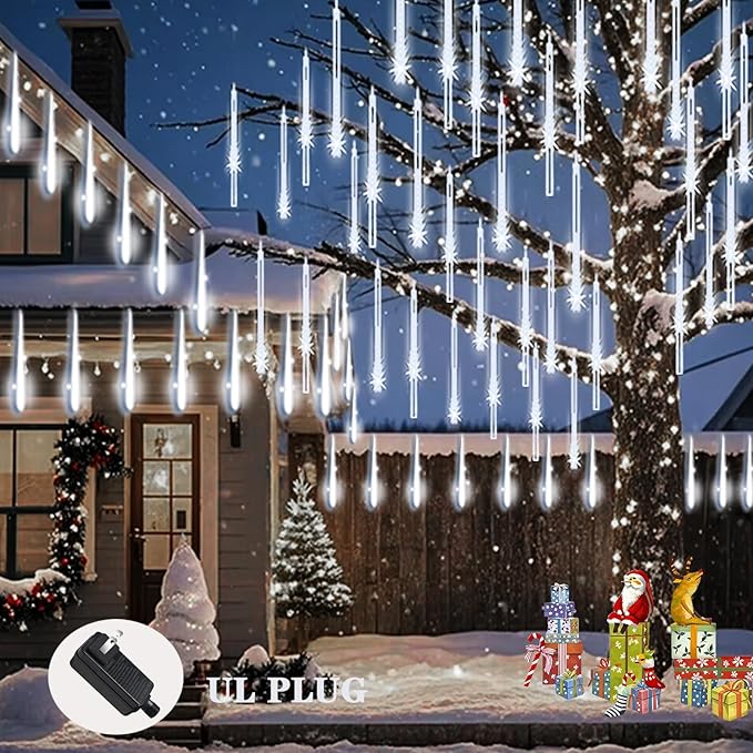 Meteor Shower Lights Outdoor Christmas Lights 24-Tube 576LEDs Snow Falling Rain Cascading Icicle String Light for Xmas Tree Christmas Decorations Wedding Party Holiday Yard Garden Decor, UL Plug White