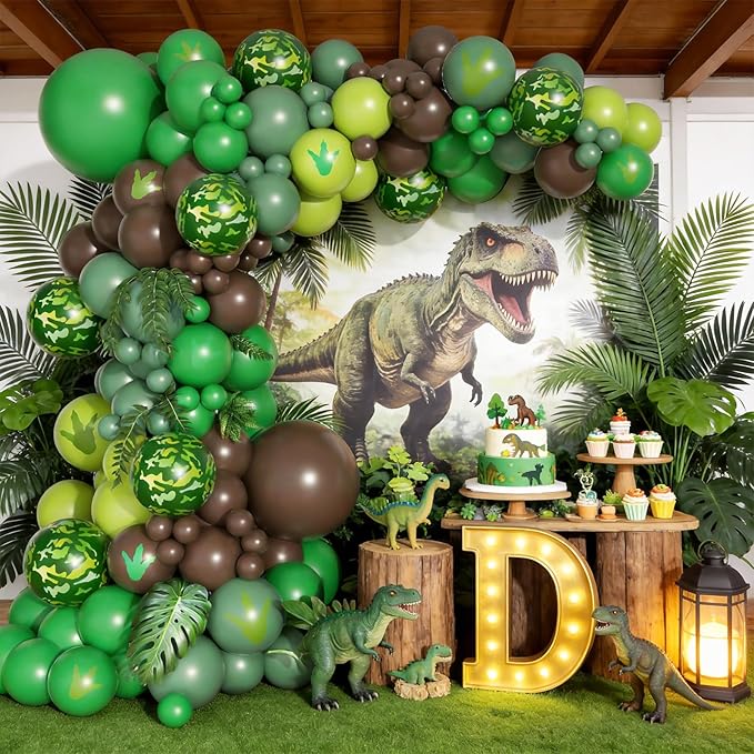 Dinosaur Birthday Party Decorations, Jungle Themed Balloon Arch Kit with Green Brown Balloons Dinosaur Paw Print Stickers for Kids Jungle Safari T-REX ROAR Themed Party Decor Supplies