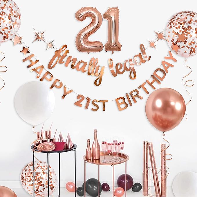 Rose Gold Finally Legal Happy 21st Birthday Banner Garland Foil Balloon 21 for 21 Birthday Decorations Hanging Twenty One Bday Decor for Girls 21st Bday Decorations Party Supplies for Her