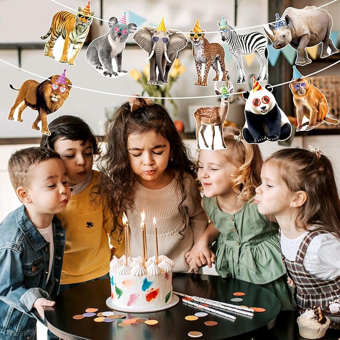 Hooqict Safari Animals Happy Birthday Banner Animal Birthday Decorations Party Animal Banner Garland Sign for Jungle Theme Decorations Kids Wild Zoo Party Supplies