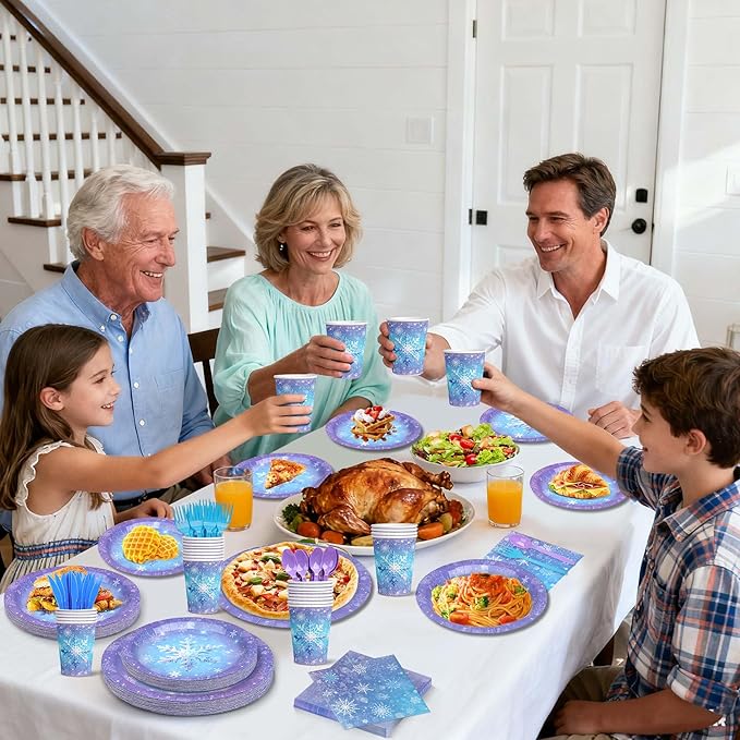 175Pcs Snowflake Paper Plates and Napkins Set - Blue Purple Christmas Themed Paper Plates, Cups, Napkins Cutlery for Winter Wonderland Holiday Decorations Birthday Wedding Party Supplies for 25 Guests