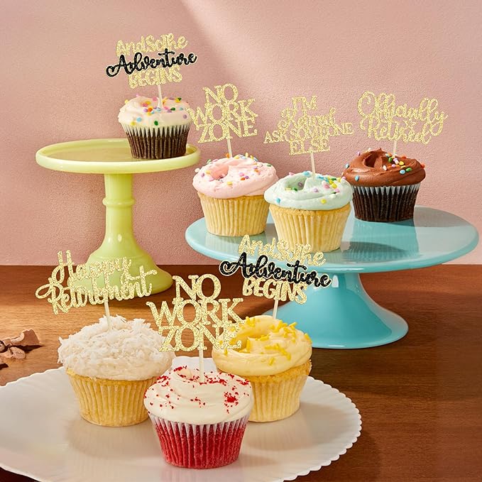 Gyufise 30Pcs Happy Retirement Cupcake Toppers Officially Retired Cupcake Picks No Work Zone Adventure Begins Cake Decorations for Retirement Theme Farewell Birthday Party Supplies Gold