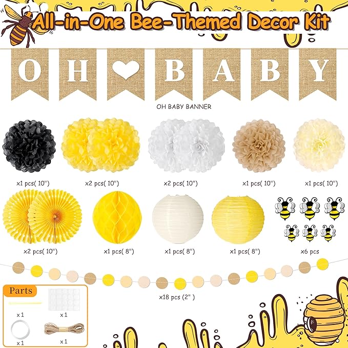 Bee Baby Shower Decorations 14 Pcs Honey Bee Baby Shower Decorations with Banner, Paper Lantern PomPoms Fans, Honeycomb Ball for Bumblebee Party Decor