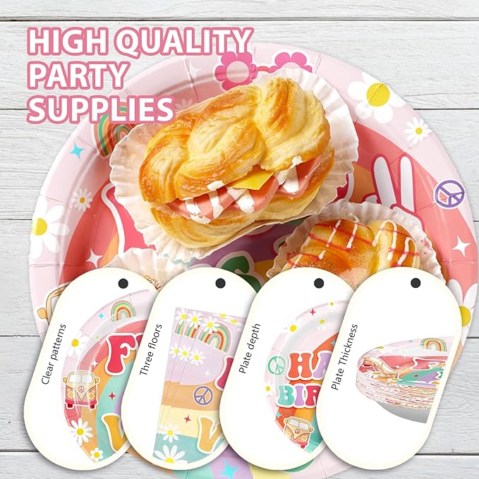 96Pcs Five is a Vibe Birthday Party Decorations Boho Groovy 5th Birthday Plates and Napkins Tableware Sets Rainbow Arch Retro Hippie Party Supplies for Girls 5 Years Old Party Serves 24