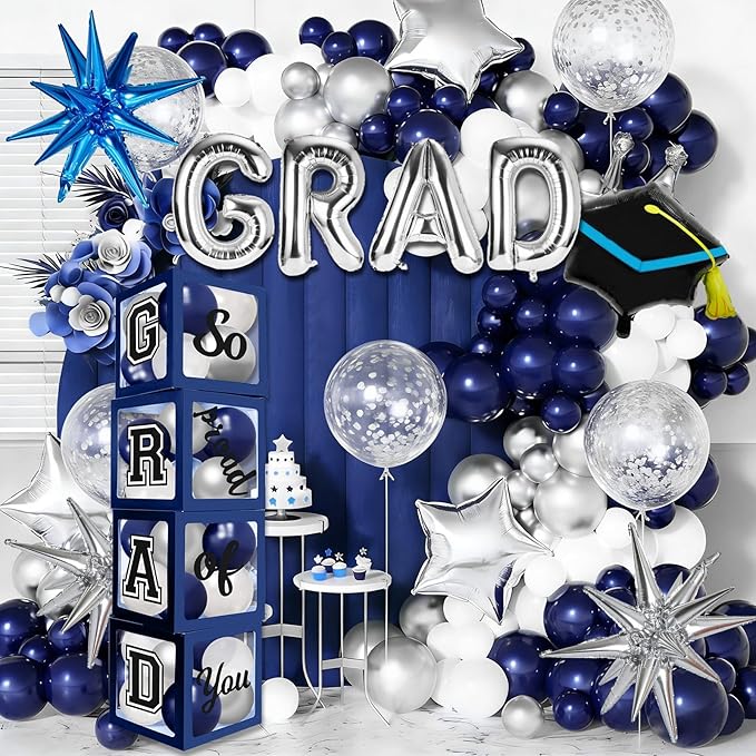 2026 Graduation Boxes Decorations,Blue and Silver Balloon Garland Arch Kit with GRAD,2026 Balloon Boxes,Graduation Cap Decor for High School,College Graduation Party Supplies