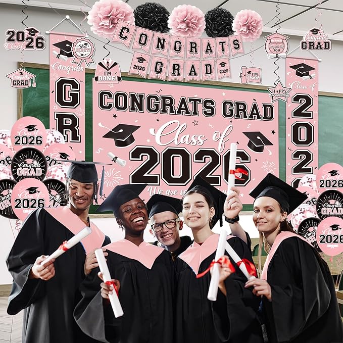 Graduation Decorations 2026 Pink Party Decor Set with Congrats Grad Banner, Class of 2026 Backdrop, Balloons, Box & Streamers Supplies for High School & College Celebrations