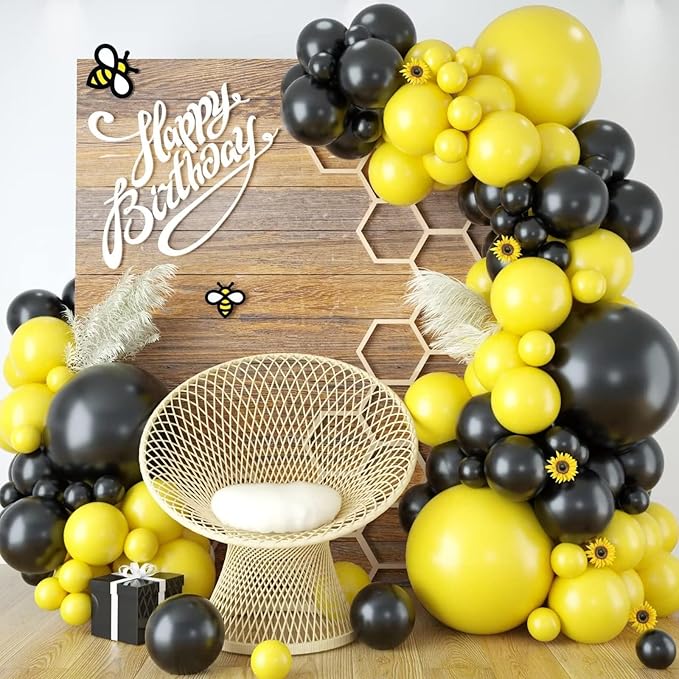 Black and Yellow Balloon Arch Kit - 100pcs Balloon Garland Kit with Black and Yellow Balloons in 18/12/10/5 inch Sizes for Baby Shower or Birthday Parties - Bee and Bumblebee Themed Decoration