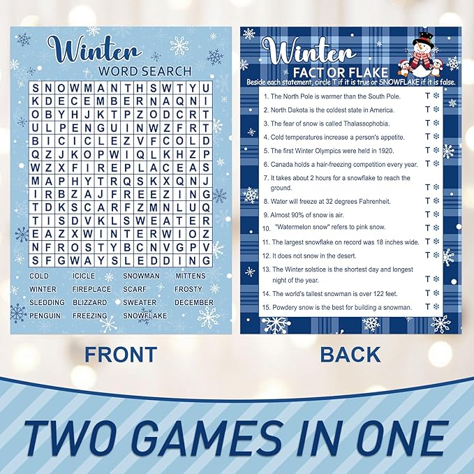 COCHIE 30 Players Winter Holiday Christmas Party Games for Adults Family Office Large Groups, Word Search Game, Guesstures Game, Fact or Flake Games with Answer Key (Winter Search)