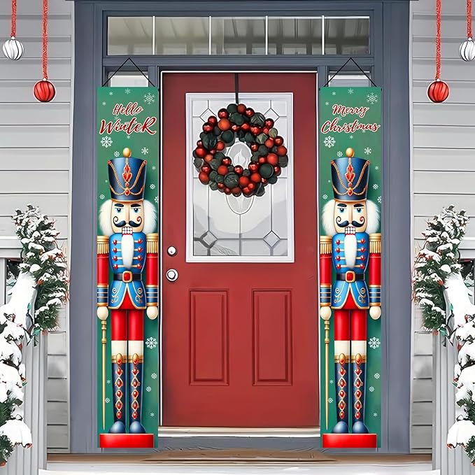 Nutcracker Christmas Porch Banners 12×71 Inch Hello Winter Merry Christmas Door Decorations Red Blue Nutcracker Soldier Banner for Front Door Wall Outdoor Holiday Seasonal Décor