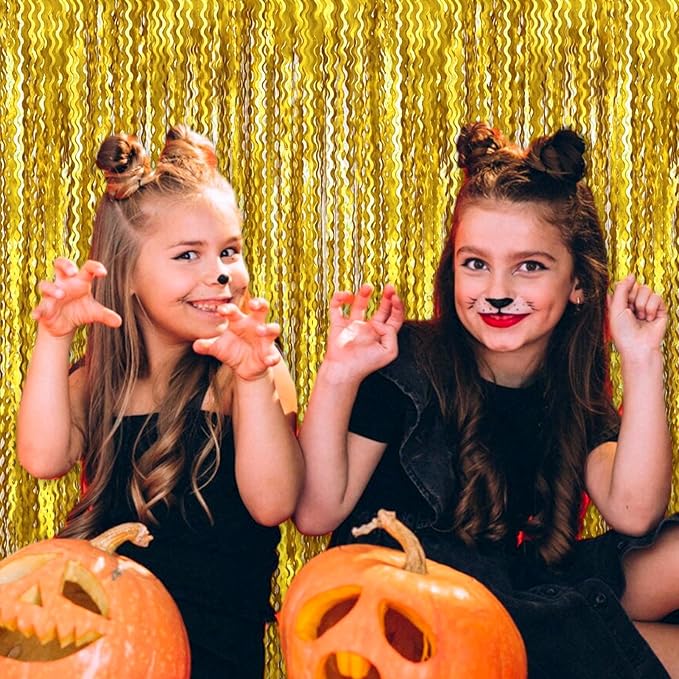 4 Pack Gold Wave Foil Fringe Curtain Backdrop, 3.28Ft x 8.2Ft Metallic Tinsel Foil Fringe Streamer Curtains for Photo Booth, Mother's Day, Easter, Birthday, Wedding Party Decoration