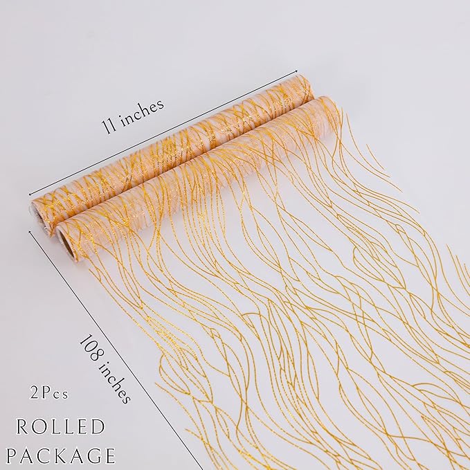 Snowkingdom 2pcs Gold Wave Table Runner, 11×108 Inch Golden Metallic Sparkle Lines Mesh Table Runners, Lightweight Gold Centerpiece for Valentine's, Wedding, Birthday, Christmas, Party Dinner Decor