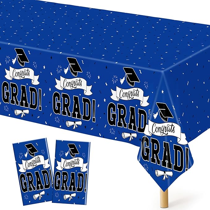 QZYL 2 PCS Graduation Decorations 2026, 108" X 54" Blue Graduation Tablecloth, Disposable Plastic Class of 2026 Tablecover, Rectangle Congrats Grad Table Cloths for Grad Decor Party Supplies