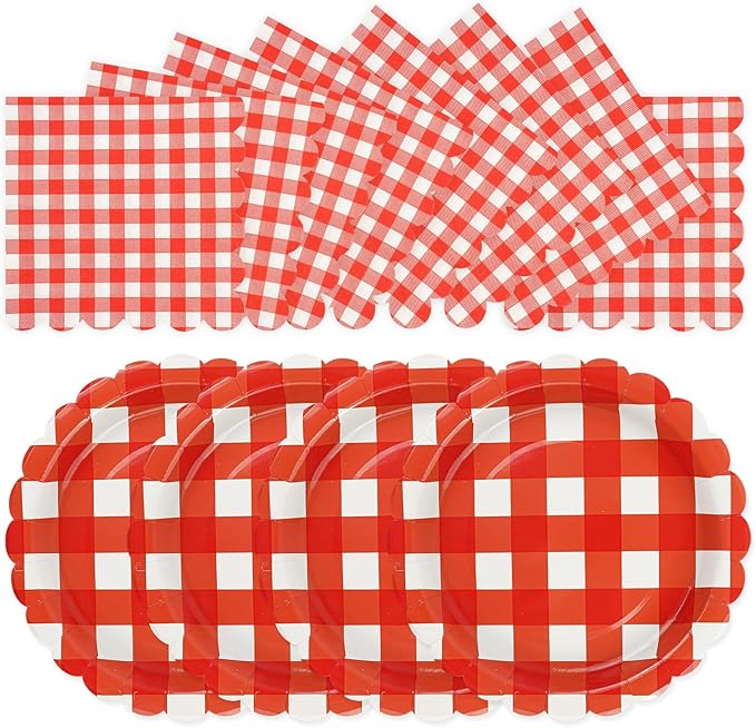 50PCS Red Gingham Party Supplies - 7Inch Red Scalloped Dessert Paper Plates and Napkins Set Disposable Plaid Dinner Party Set Cutlery for Baby Shower Birthday Wedding, Serve 25