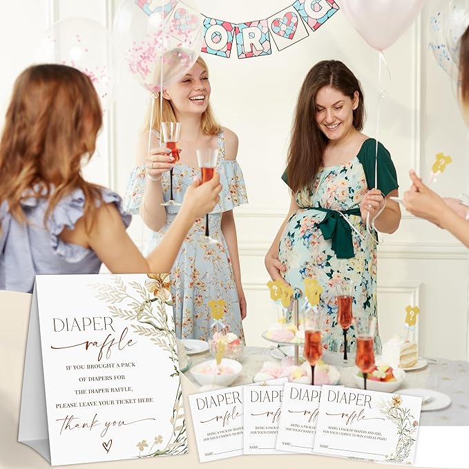 Flower Diaper Raffle Game, Diaper Raffle Tickets for Baby Shower, Floral Gender Neutral Tickets for Baby Shower Party Favor Decorations Supplies (1 Sign + 50 Cards)