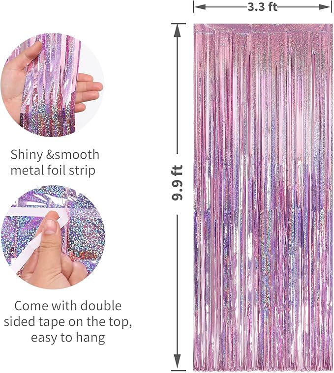Crosize 4 Pack 3.3 x 9.9 ft Laser Pink Foil Fringe Curtains Party Decorations,Tinsel Curtain Backdrop for Parties, Door Streamers, Glitter Streamer Backdrop for Birthday Decoration