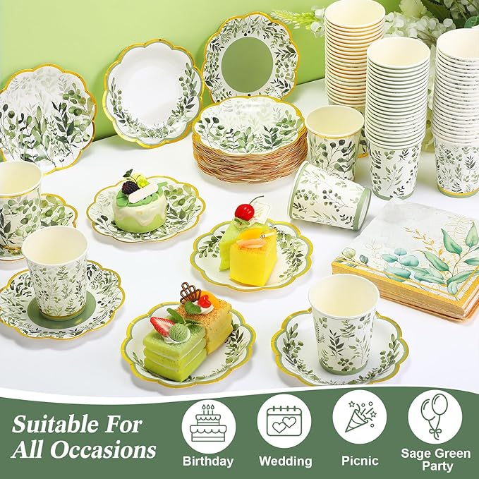 Yungyan 108 Pcs 36 Guests Greenery Plates and Napkins Party Supplies Sage Green and Gold Scalloped Disposable Eucalyptus Paper 6" Plates, Napkins and 9 oz Cups Set for Baby Shower Wedding Decoration