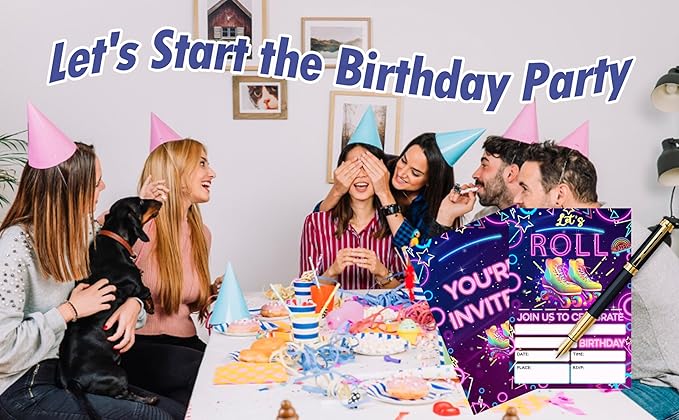 CLIRBE Let's Roll Birthday Party Invitations, Glow Purple Birthday Invitations For Brother Bro Teen Boys Girls, 20 Invites Cards With 20 Envelopes, Party Supplies Favors -H06