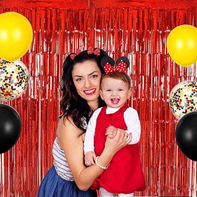 TONIFUL 3Pcs Laser Red Door Streamers,Laser Red Photo Booth Backdrop Metallic Streamers Foil Fringe Curtains for Birthday,Christmas,New Year,Bachelorette,Grad Party Streamers Decor(9.9ft x 6.6ft)
